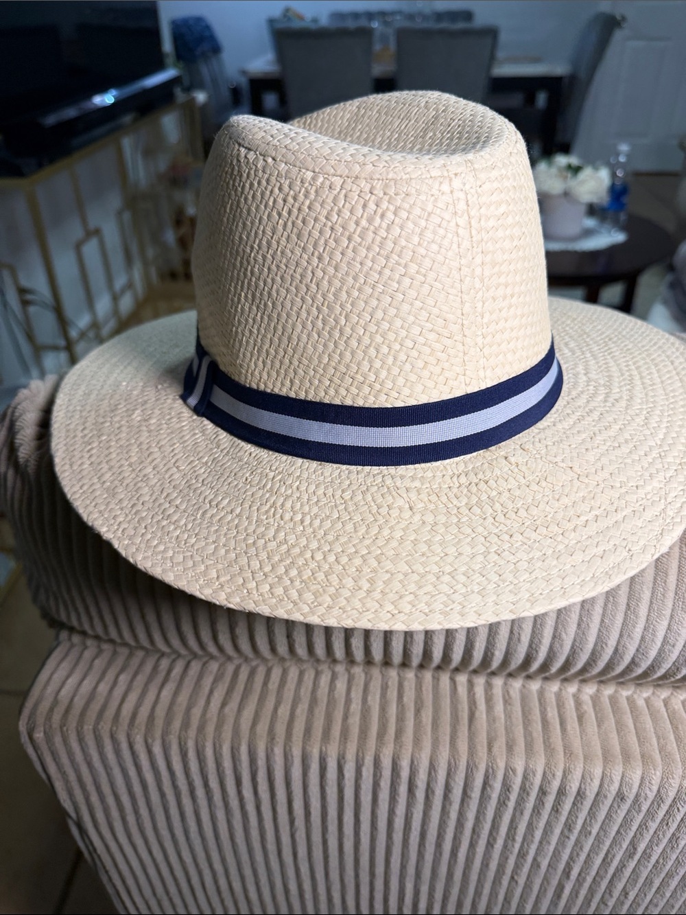 Classic Cream Straw Fedora with Navy Trim - Men's Hat